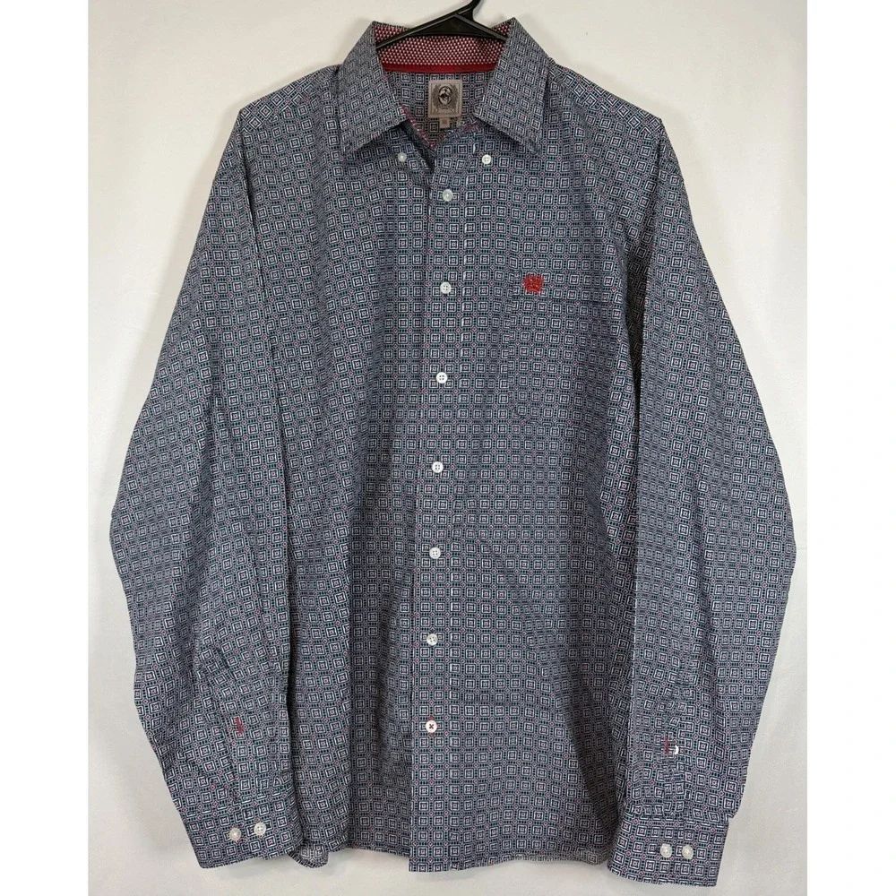 Cinch Shirt Mens Medium Red Blue Geometric Cotton Button Up Western Rodeo Dress